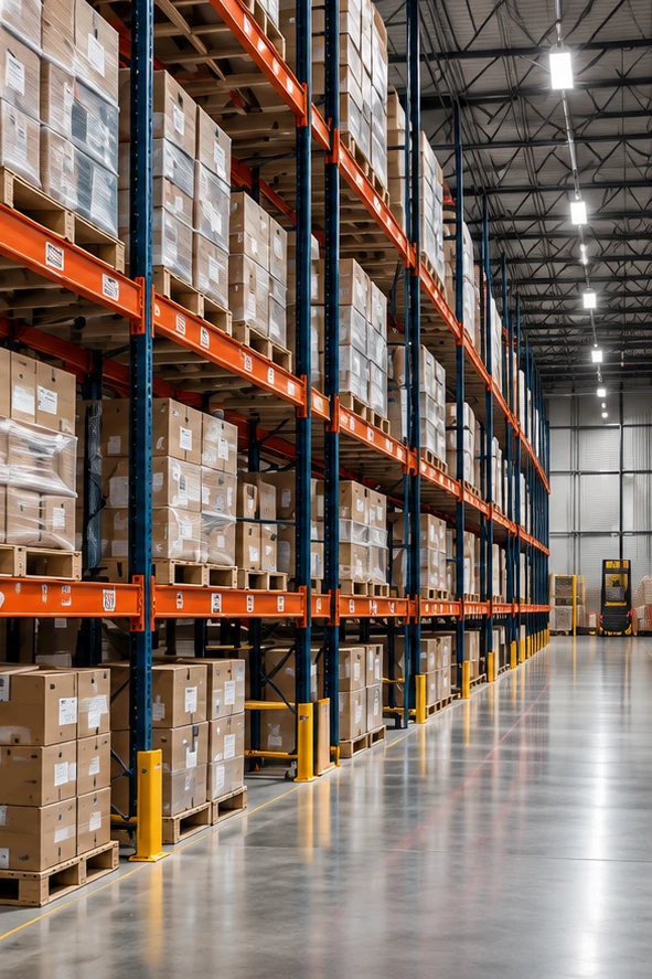 Warehouse storage racks and an organized distribution aisle