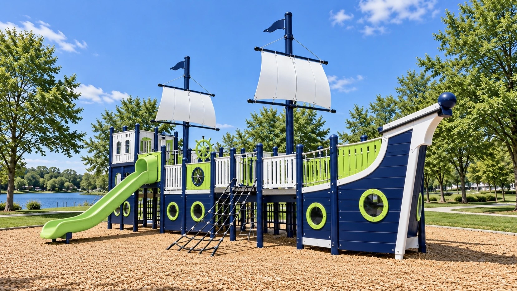 Illustrative commercial pirate-ship playground in navy blue, light green and white